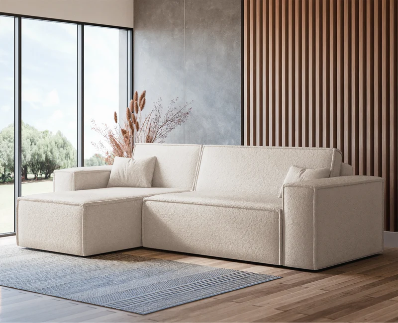 Ecksofa mit Schlaffunktion Scarlo, L-förmig, universell, mit Stauraum, cremefarbenes Bouclé
