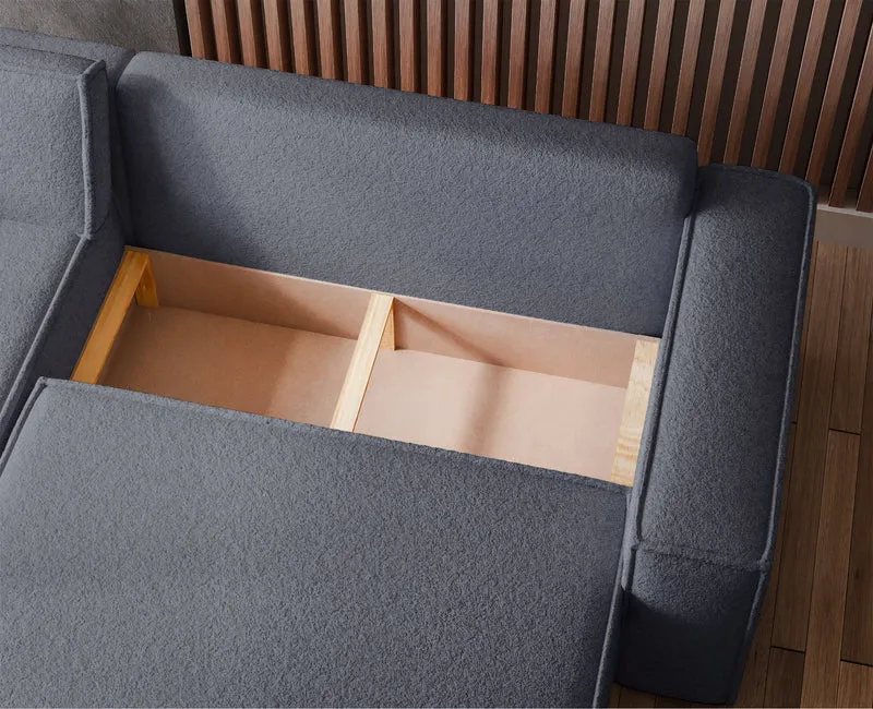 Ecksofa mit Schlaffunktion Scarlo, universell L-förmig, mit Stauraum, dunkelgrauer Bouclé-Stoff