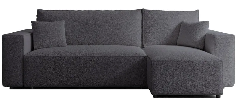 Ecksofa mit Schlaffunktion Scarlo, universell L-förmig, mit Stauraum, dunkelgrauer Bouclé-Stoff