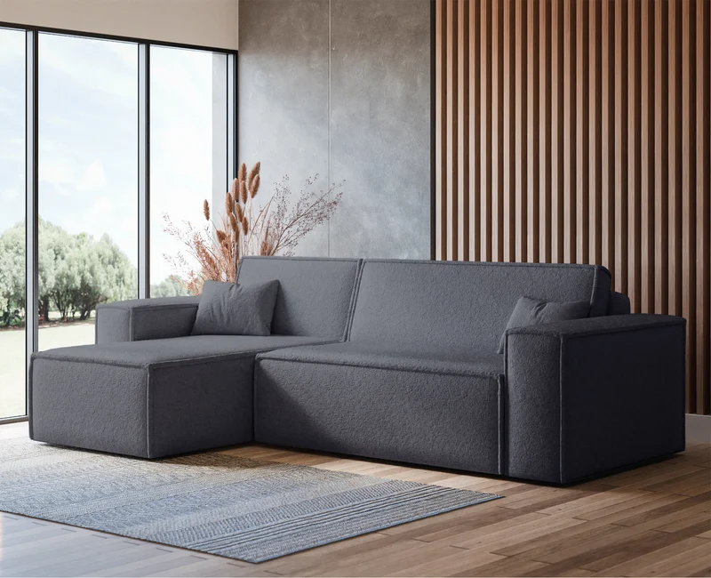 Ecksofa mit Schlaffunktion Scarlo, universell L-förmig, mit Stauraum, dunkelgrauer Bouclé-Stoff