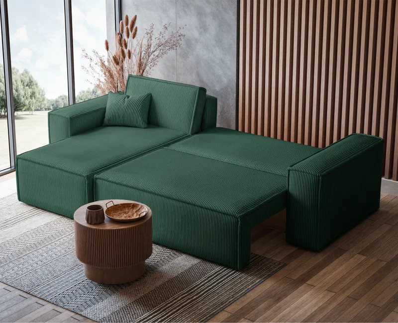 Ecksofa mit Schlaffunktion Scarlo, L-förmig, mit Stauraum, universell, dunkelgrüner Cordstoff