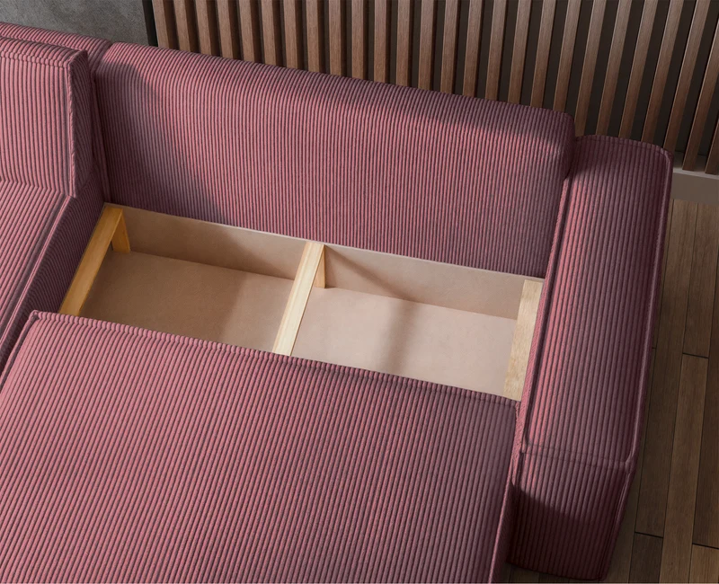 Ecksofa mit Schlaffunktion Scarlo, L-förmig, mit Stauraum, universell, dunkelrosa Cordstoff