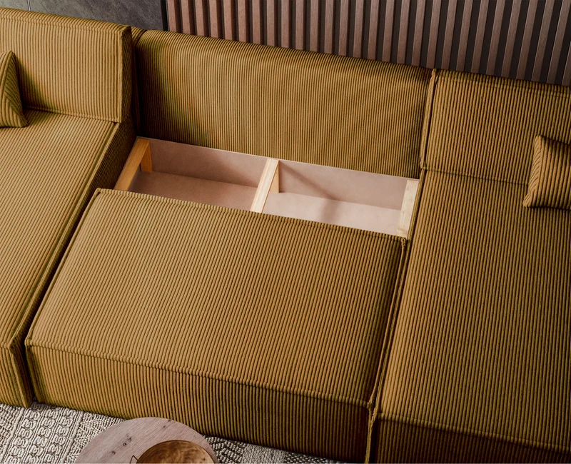 U-förmiges Ecksofa Scarlo mit Schlaffunktion und Universallager, senfgelb, Cordstoff