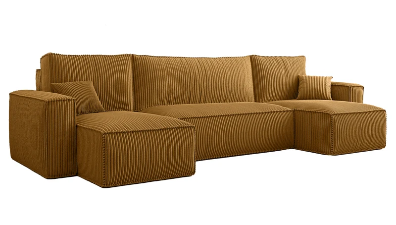 U-förmiges Ecksofa Scarlo mit Schlaffunktion und Universallager, senfgelb, Cordstoff