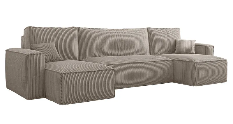 U-förmiges Ecksofa Scarlo mit Schlaffunktion, universellem Stauraum, beige Cordstoff