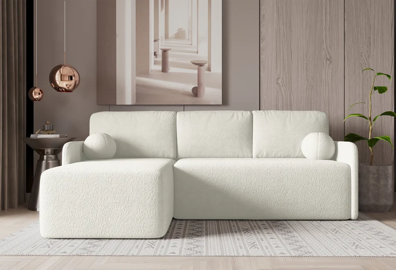 Ecksofa mit Schlaffunktion Bloom, L-förmig, mit Stauraum, cremefarbener Bouclé-Stoff, universell einsetzbar