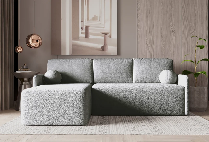 Ecksofa mit Schlaffunktion Bloom, L-förmig, mit Stauraum, grauer Bouclé, universell einsetzbar