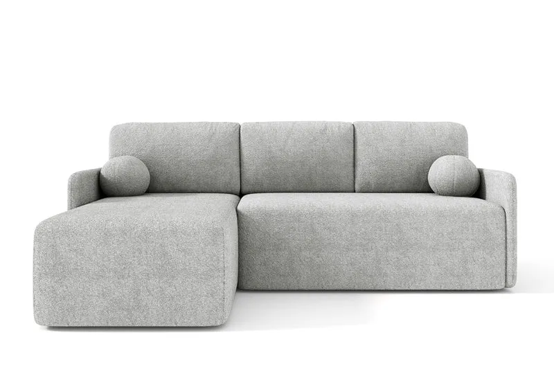 Ecksofa mit Schlaffunktion Bloom, L-förmig, mit Stauraum, grauer Bouclé, universell einsetzbar