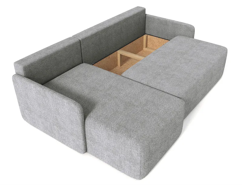 Ecksofa mit Schlaffunktion Bloom, L-förmig, mit Stauraum, grauer Bouclé, universell einsetzbar