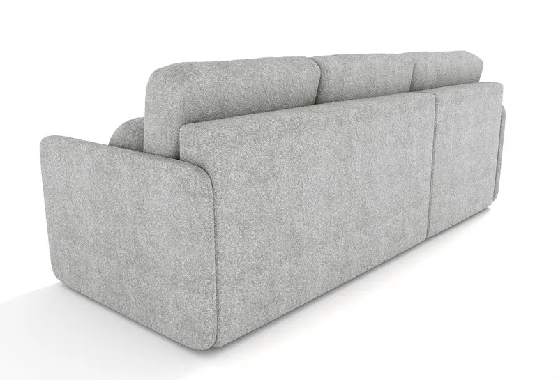 Ecksofa mit Schlaffunktion Bloom, L-förmig, mit Stauraum, grauer Bouclé, universell einsetzbar