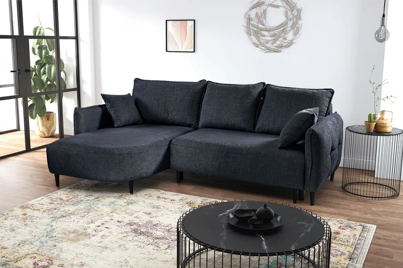 Ecksofa mit Schlaffunktion Oblivio Mini, L-förmig, linksseitig, mit Stauraum, marineblaue Flechtoptik