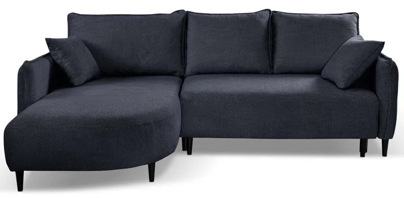 Ecksofa mit Schlaffunktion Oblivio Mini, L-förmig, linksseitig, mit Stauraum, marineblaue Flechtoptik