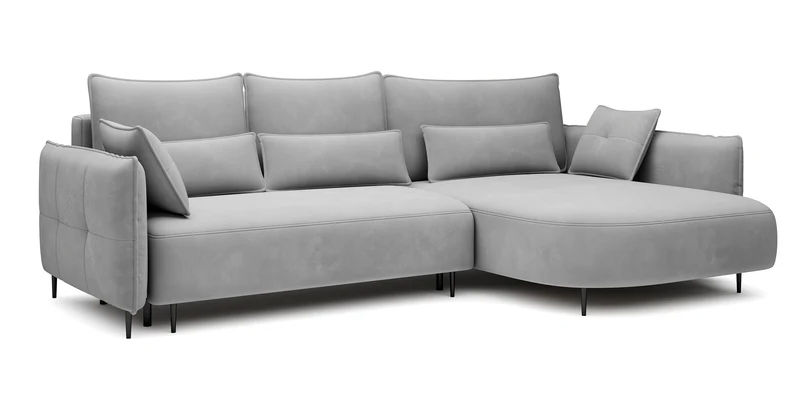 Ecksofa Oblivio mit Schlaffunktion, L-förmig, mit Stauraum, grauer Samt, rechtsseitig, wasserabweisend