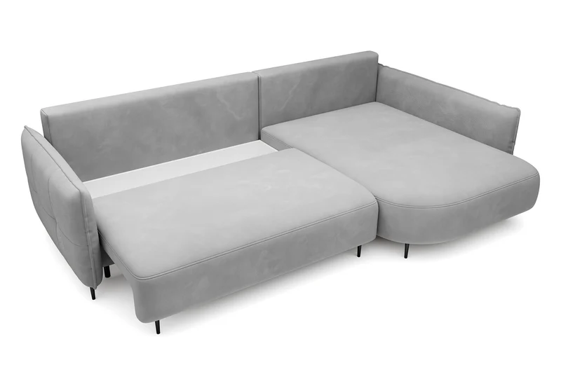 Ecksofa Oblivio mit Schlaffunktion, L-förmig, mit Stauraum, grauer Samt, rechtsseitig, wasserabweisend