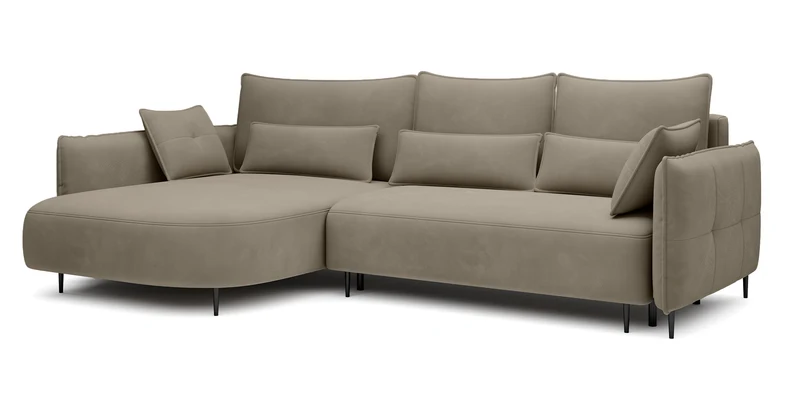Ecksofa Oblivio mit Schlaffunktion, L-förmig, mit Stauraum, hellbraunes Samt, linksseitig, wasserabweisend