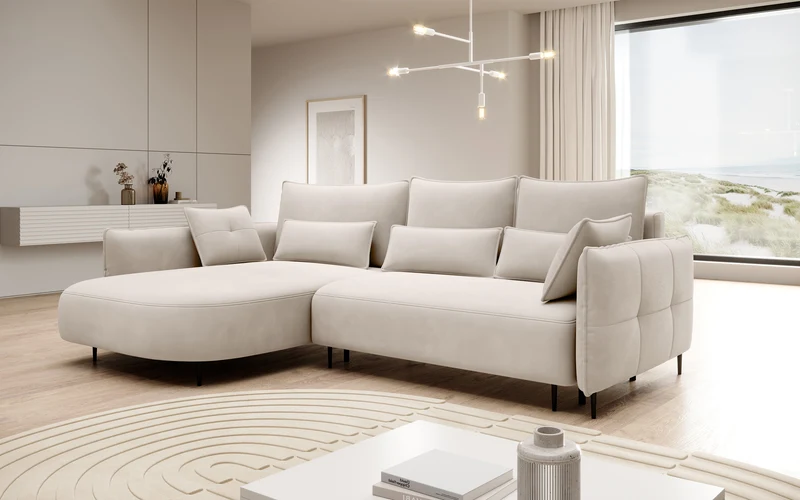 Ecksofa Oblivio mit Schlaffunktion, L-förmig, mit Stauraum, cremefarbener Samt, linksseitig, wasserabweisend