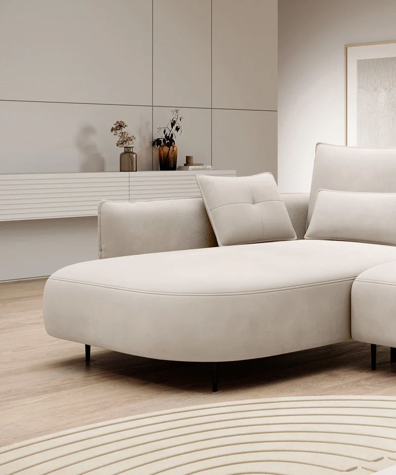 Ecksofa Oblivio mit Schlaffunktion, L-förmig, mit Stauraum, cremefarbener Samt, linksseitig, wasserabweisend