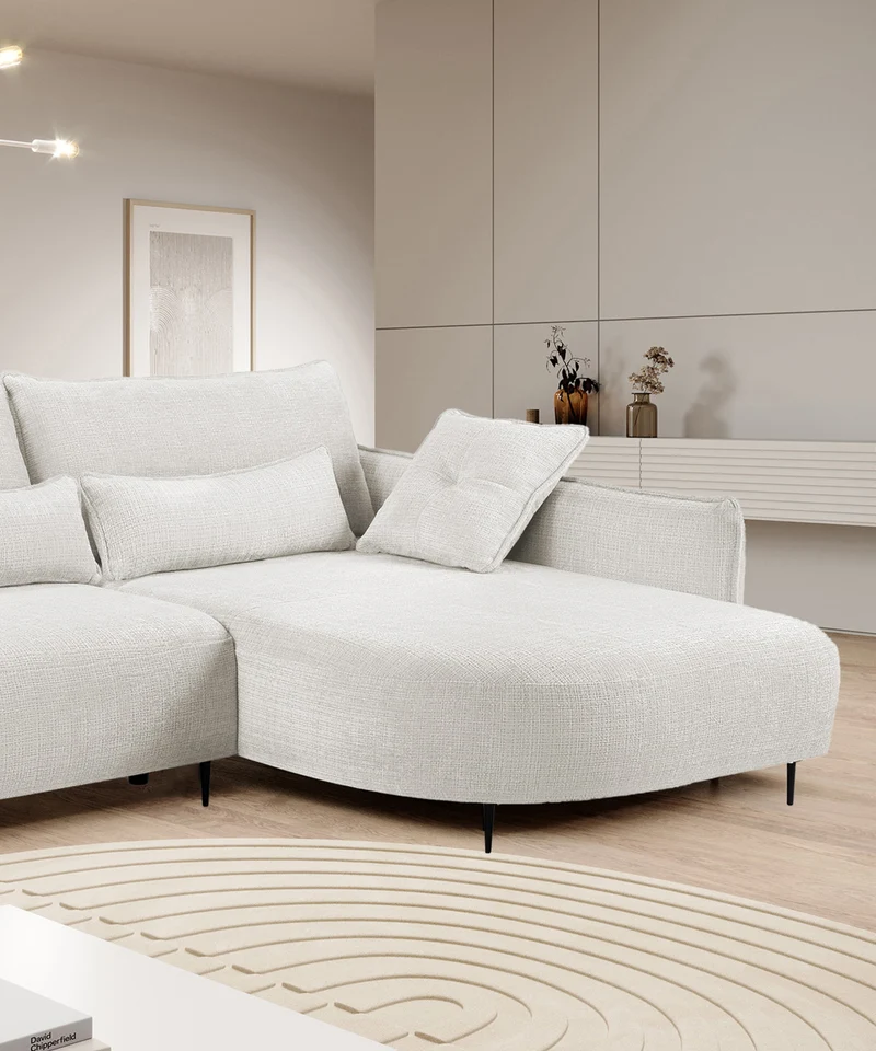 Ecksofa Oblivio mit Schlaffunktion, L-förmig, mit Stauraum, cremefarbener Chenille, rechtsseitig