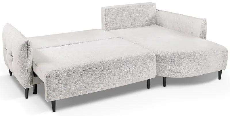 Ecksofa mit Schlaffunktion Oblivio Mini, L-förmig, rechtsseitig, mit Stauraum, weißes Geflecht