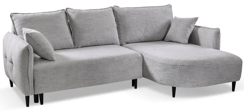 Ecksofa mit Schlaffunktion Oblivio Mini, L-förmig, rechtsseitig, mit Stauraum, hellgrauer Flechtstoff