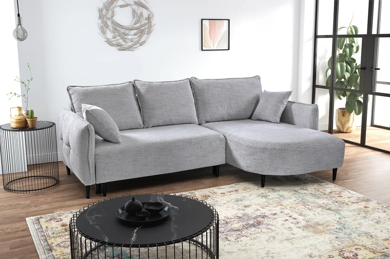 Ecksofa mit Schlaffunktion Oblivio Mini, L-förmig, rechtsseitig, mit Stauraum, hellgrauer Flechtstoff
