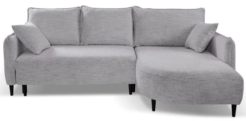Ecksofa mit Schlaffunktion Oblivio Mini, L-förmig, rechtsseitig, mit Stauraum, hellgrauer Flechtstoff