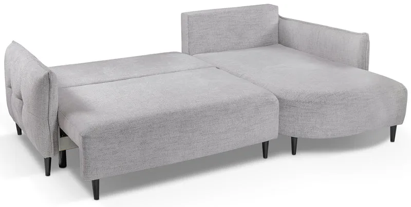 Ecksofa mit Schlaffunktion Oblivio Mini, L-förmig, rechtsseitig, mit Stauraum, hellgrauer Flechtstoff