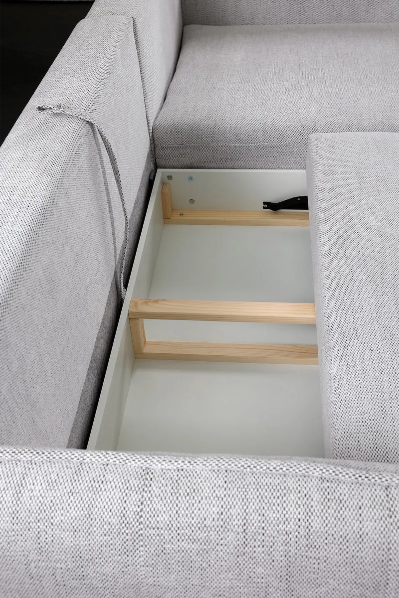 Ecksofa mit Schlaffunktion Oblivio Mini, L-förmig, rechtsseitig, mit Stauraum, hellgrauer Flechtstoff