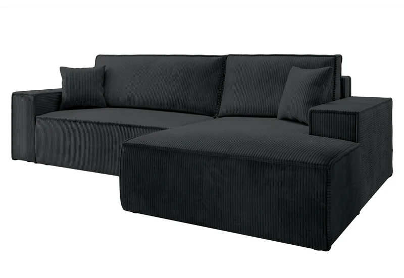 Ecksofa mit Schlaffunktion Farese New, L-förmig, mit Stauraum, schwarzer Cord, rechtsseitig