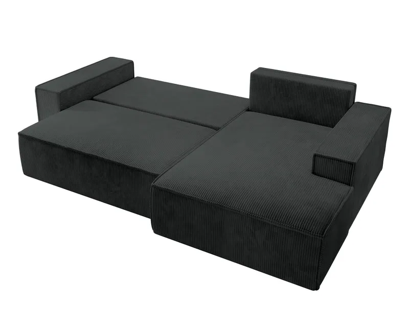 Ecksofa mit Schlaffunktion Farese New, L-förmig, mit Stauraum, schwarzer Cord, rechtsseitig