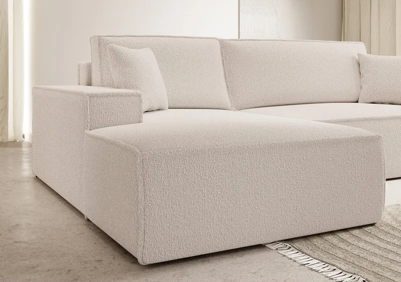 Ecksofa mit Schlaffunktion Farese New, L-förmig, mit Stauraum, beige Bouclé, linksseitig