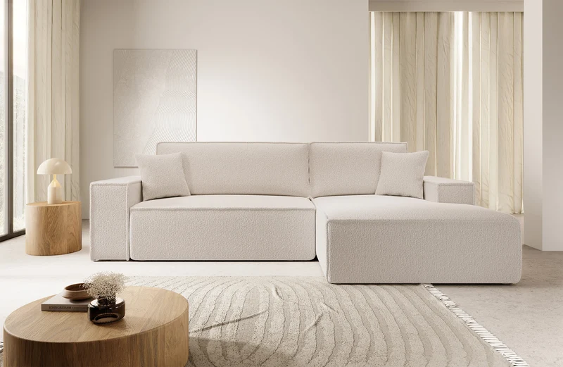 Ecksofa mit Schlaffunktion Farese New L-förmig mit Stauraum, beige Bouclé, rechtsseitig