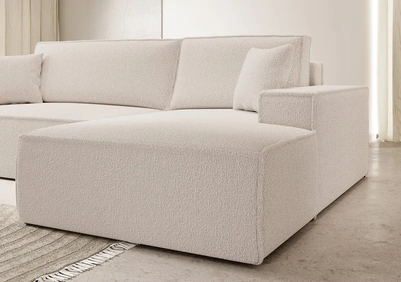 Ecksofa mit Schlaffunktion Farese New L-förmig mit Stauraum, beige Bouclé, rechtsseitig