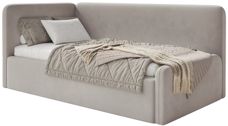 Jugendbett 120x200 cm Fanklo linksseitig mit Matratze, Stauraum und Geländern, grau-beiger Velours, wasserabweisend und pflegeleicht