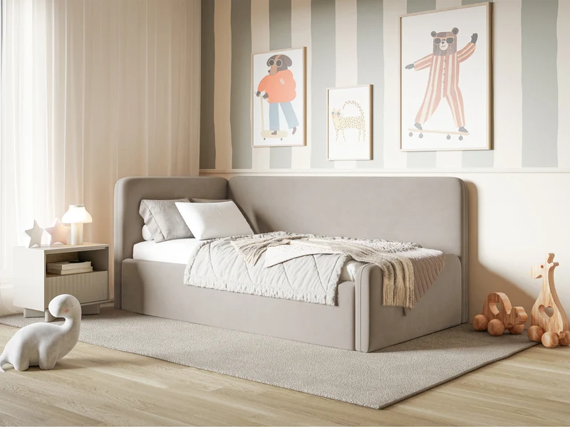 Jugendbett 120x200 cm Fanklo linksseitig mit Matratze, Stauraum und Geländern, grau-beiger Velours, wasserabweisend und pflegeleicht