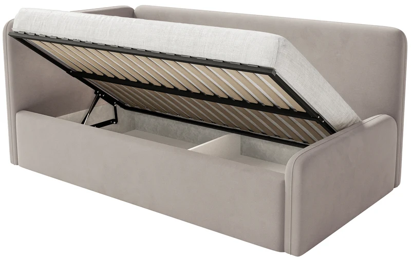 Jugendbett 120x200 cm Fanklo linksseitig mit Matratze, Stauraum und Geländern, grau-beiger Velours, wasserabweisend und pflegeleicht