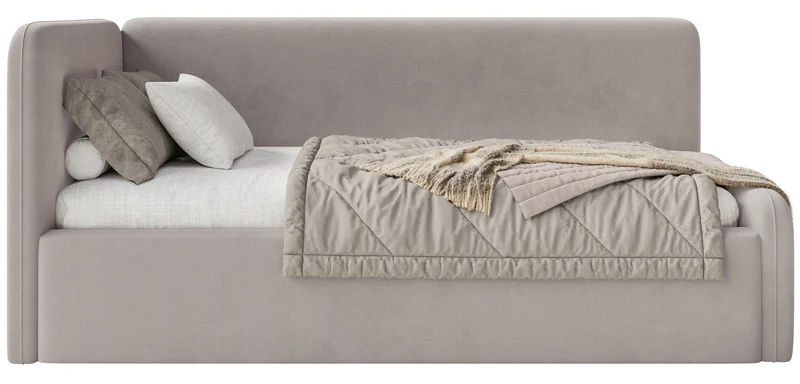 Jugendbett 120x200 cm Fanklo linksseitig mit Matratze, Stauraum und Geländern, grau-beiger Velours, wasserabweisend und pflegeleicht