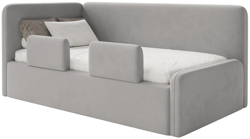 Jugendbett 120x200 cm Fanklo linksseitig mit Stauraum und hellgrauen, wasserabweisenden, pflegeleichten Samt-Seitenleisten