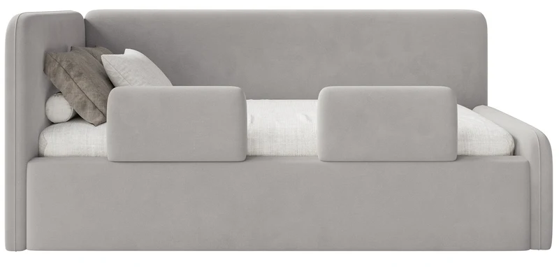 Jugendbett 120x200 cm Fanklo linksseitig mit Stauraum und hellgrauen, wasserabweisenden, pflegeleichten Samt-Seitenleisten