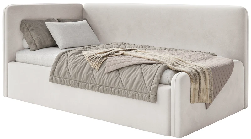 Jugendbett 120x200 cm Fanklo linksseitig mit Matratze, Stauraum und Geländern, hellbeiger Velours, wasserabweisend und leicht zu reinigen
