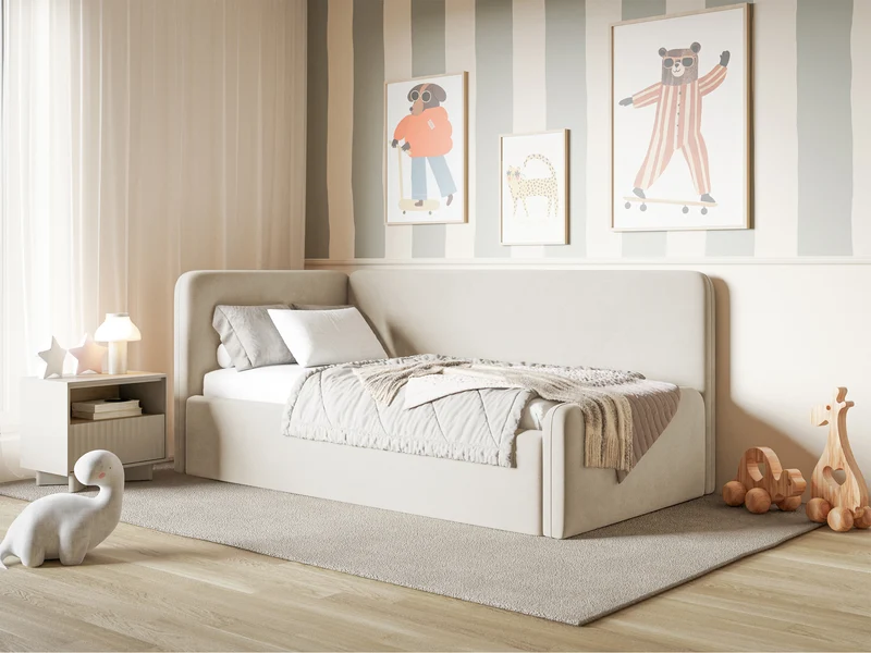Jugendbett 120x200 cm Fanklo linksseitig mit Matratze, Stauraum und Geländern, hellbeiger Velours, wasserabweisend und leicht zu reinigen