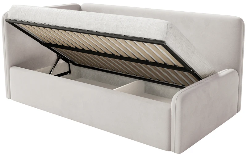 Jugendbett 120x200 cm Fanklo linksseitig mit Matratze, Stauraum und Geländern, hellbeiger Velours, wasserabweisend und leicht zu reinigen