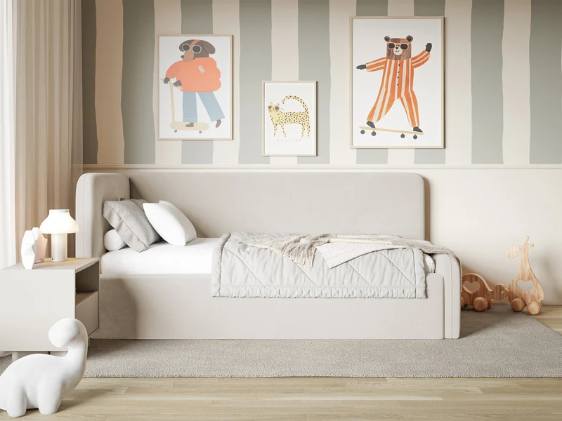 Jugendbett 120x200 cm Fanklo linksseitig mit Matratze, Stauraum und Geländern, hellbeiger Velours, wasserabweisend und leicht zu reinigen