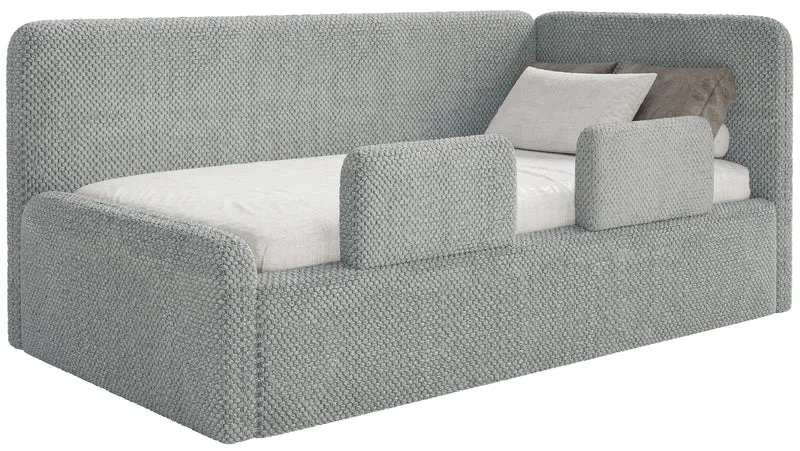 Jugendbett 120x200 cm Fanklo rechtsseitig mit Stauraum und grauen, wasserabweisenden Plüschgeländern