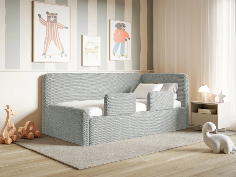 Jugendbett 120x200 cm Fanklo rechtsseitig mit Stauraum und grauen, wasserabweisenden Plüschgeländern