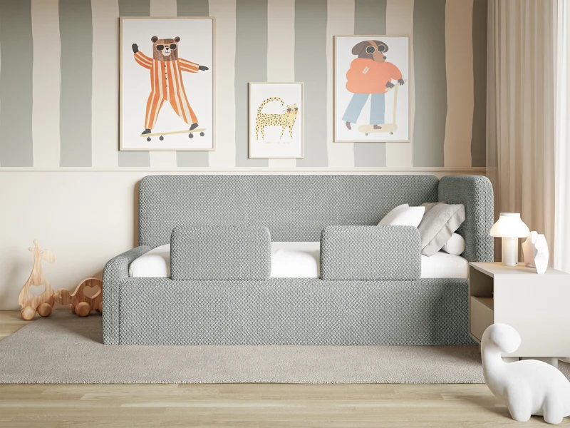Jugendbett 120x200 cm Fanklo rechtsseitig mit Stauraum und grauen, wasserabweisenden Plüschgeländern