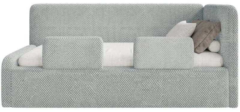 Jugendbett 120x200 cm Fanklo rechtsseitig mit Stauraum und grauen, wasserabweisenden Plüschgeländern