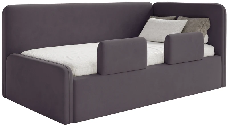 Jugendbett 120x200 cm Fanklo rechtsseitig mit Matratze, Stauraum und Geländern, violetter Velours, hydrophob und leicht zu reinigen