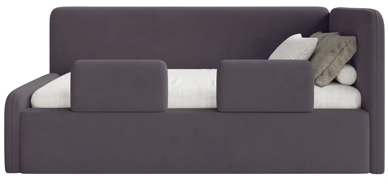 Jugendbett 120x200 cm Fanklo rechtsseitig mit Matratze, Stauraum und Geländern, violetter Velours, hydrophob und leicht zu reinigen