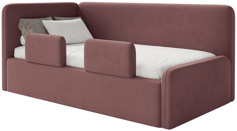 Jugendbett 120x200 cm Fanklo linksseitig mit Matratze, Stauraum und Geländern, rosa Velours, wasserabweisend und leicht zu reinigen